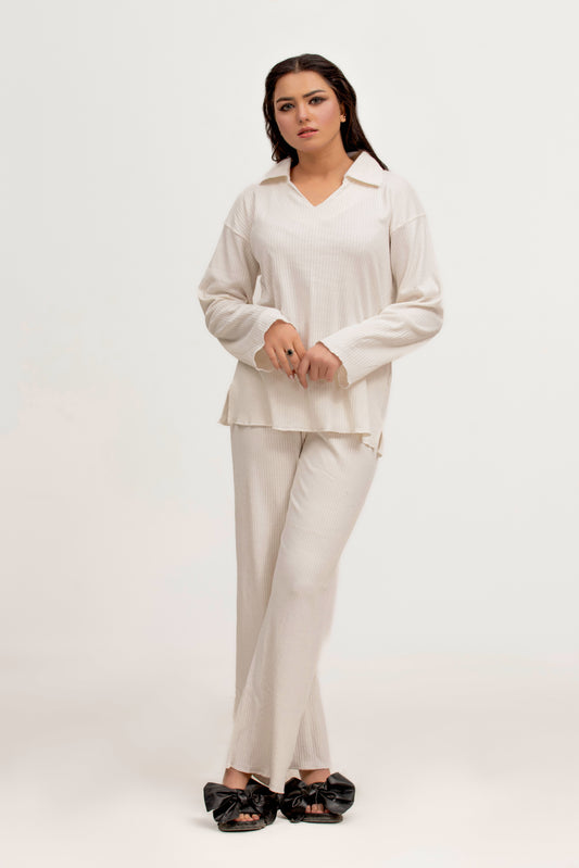 Plain Co-Ord Waffle Knitted V-Neck - WHITE