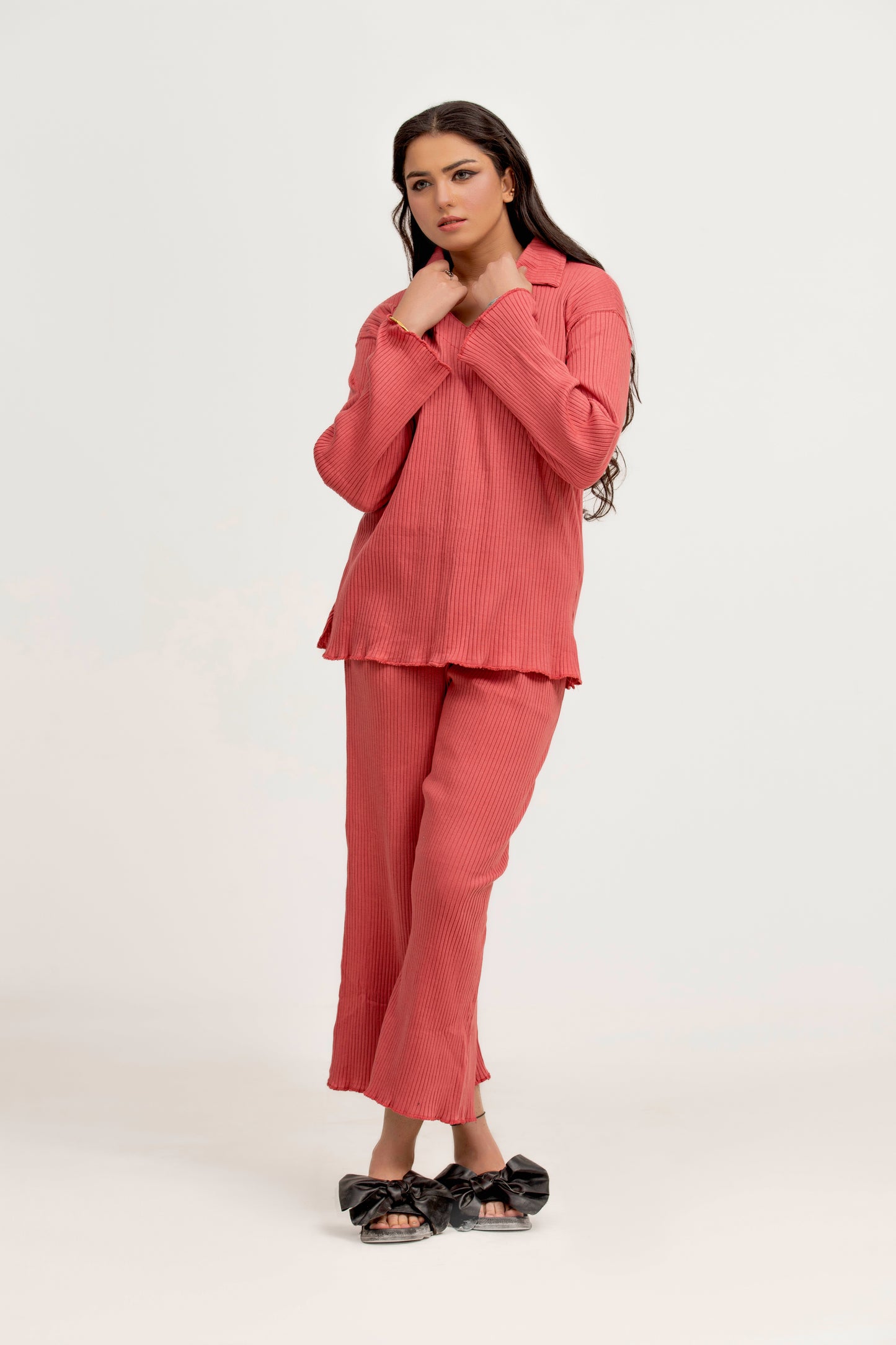 Plain Co-Ord Waffle Knitted V-Neck - PINK