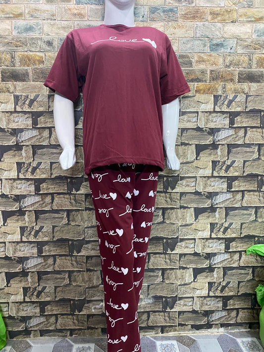 Mehroon Love Printed Night Suit