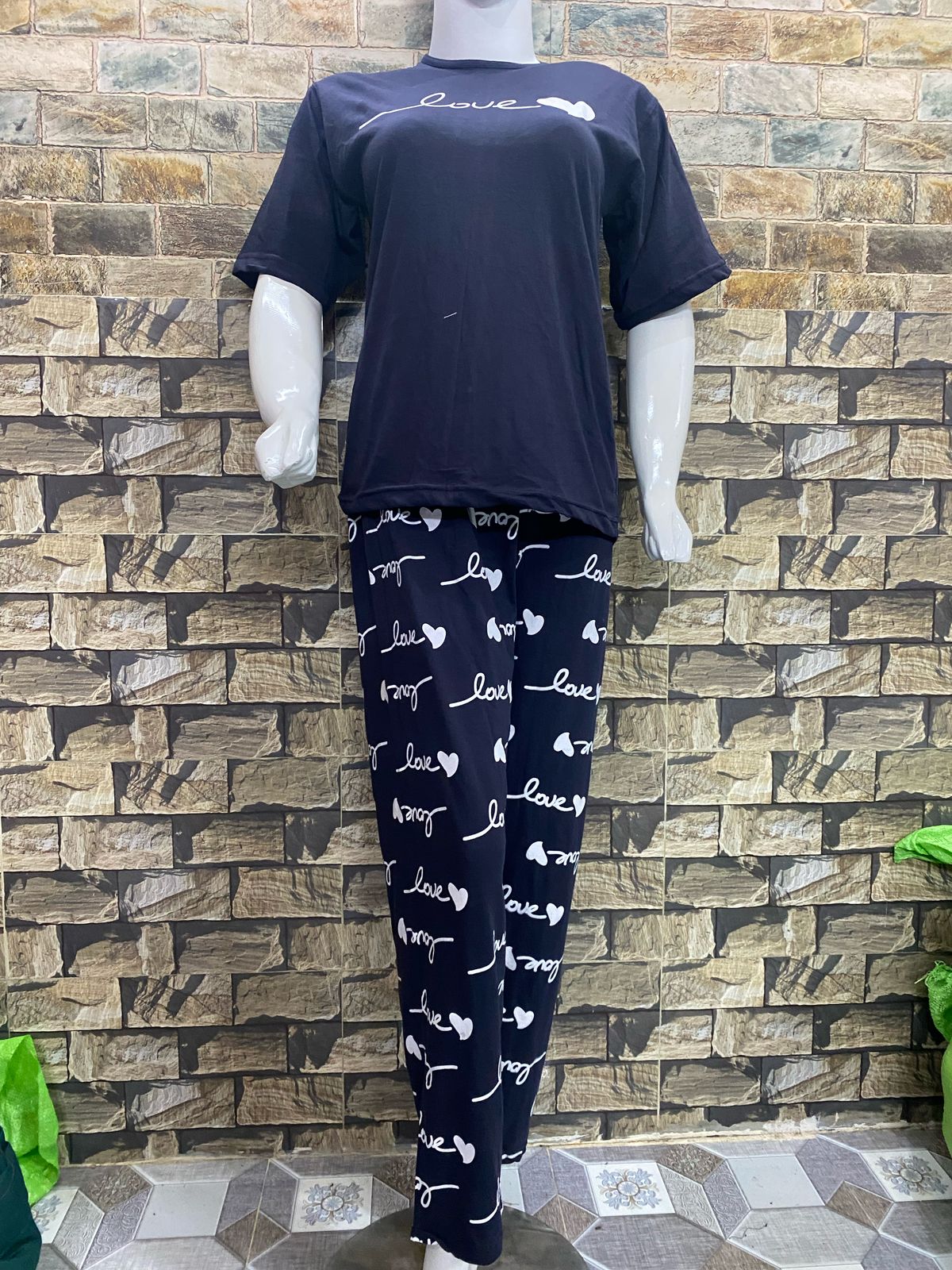 Dark Grey Love Printed Night suit