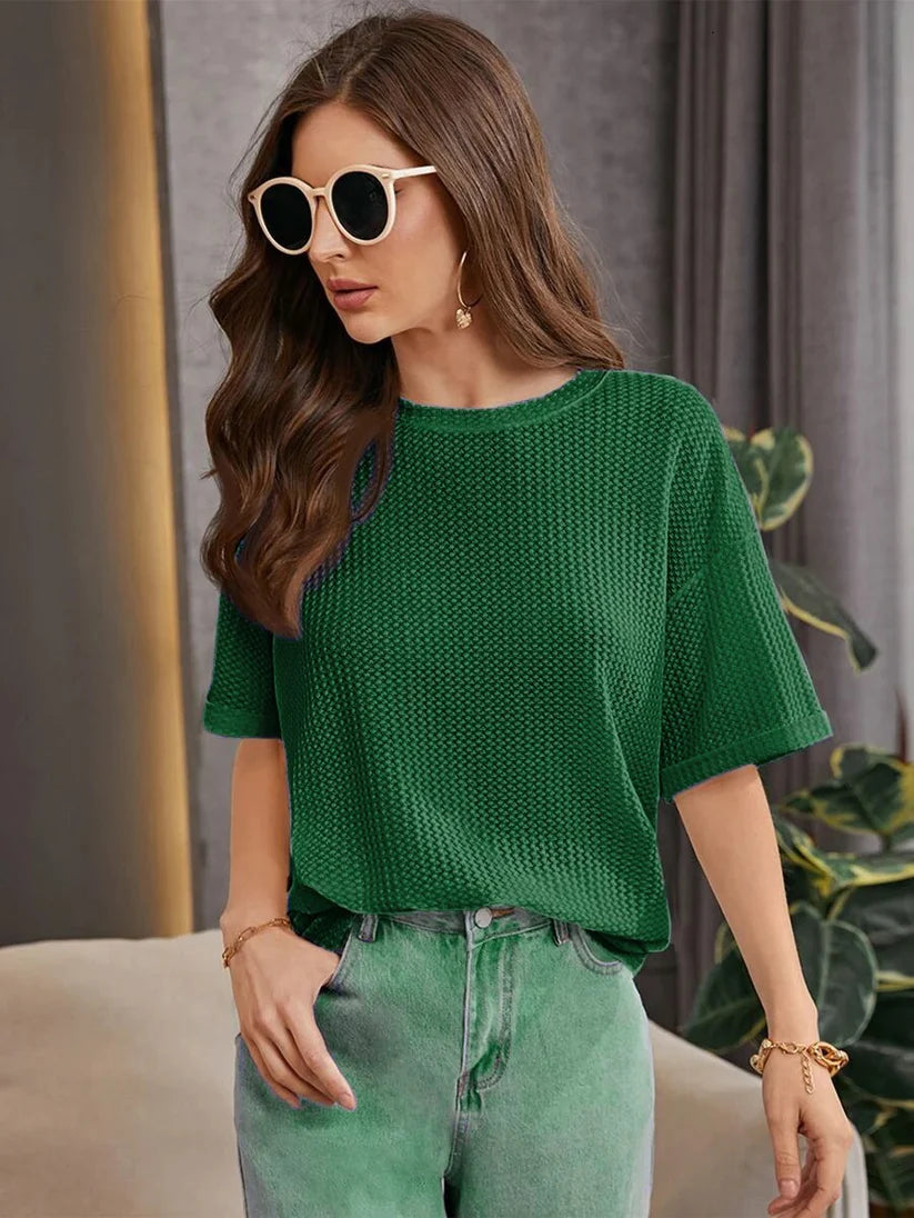 Waffle Knitted Drop Shoulder T-Shirt Bottle Green